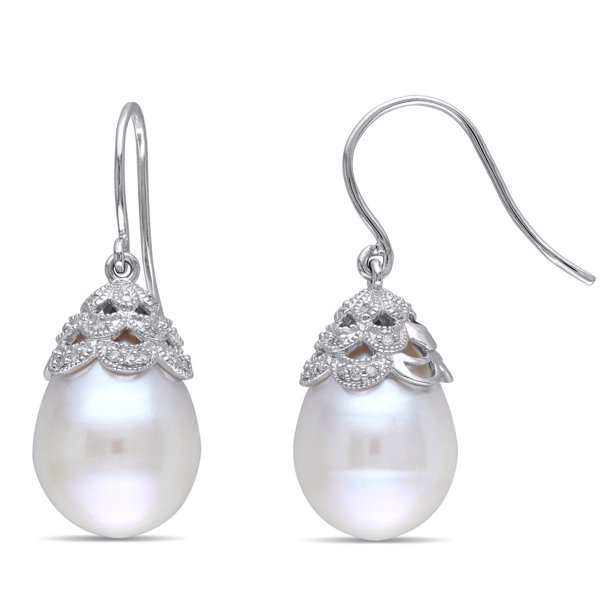 Boucles d'oreilles Miabella avec perles d'eau douce cultivées blanches rondes de 10,5 à 11 mm et diamants 0,1 ct poids total en or blanc 14 k