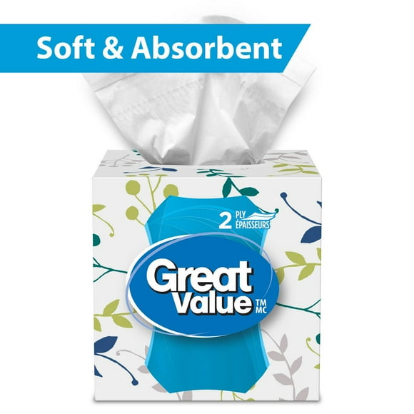 Great Value, Facial Tissues, 1 cube box, 90 tissues per box, 2Ply, 90 Tissues in total
