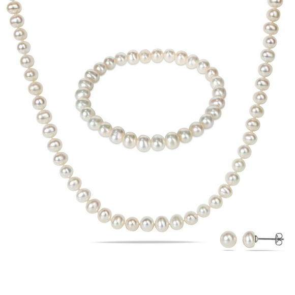 Miabella 6-7mm White Freshwater Cultured Pearl Brass Set of Strand Necklace; Elastic Bracelet and Stud Earrings