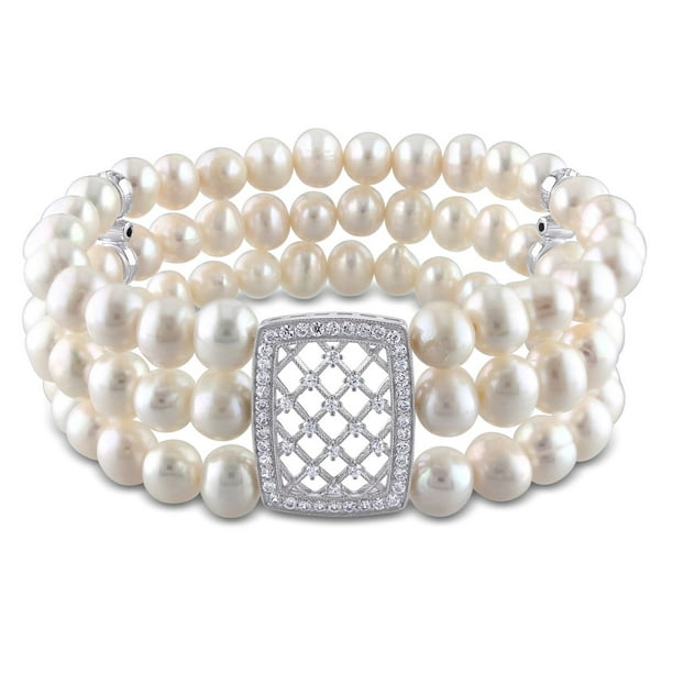 Bracelet extensible Miabella à 3 rangs avec perles d'eau douce cultivées blanches de 6 à 7 mm et zircons cubiques façonné en argent sterling