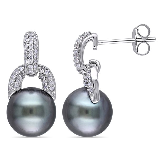 Boucles d'oreilles  avec perles rondes noires tahitiennes de 8 à 8,5 mm et diamants 0,25 ct poids total en or blanc 10 k