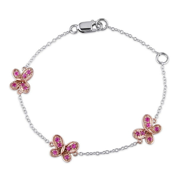 Bracelet en chaîne Cutie Pie Jewels avec papillons Tangelo pour enfants de saphirs roses synthétiques 0,33 ct pbt en argent sterling