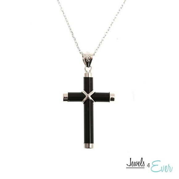 Jewels 4 Ever Sterling Silver Genuine Black Onyx Cross Pendant with 16" Rhodium Plated Chain