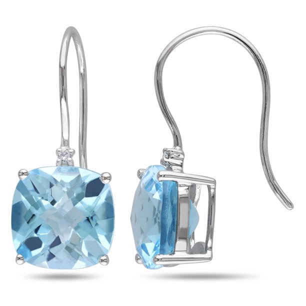 Boucles d'oreilles à crochet Tangelo avec topazes bleues 10,50 ct PBT et accents de diamants en or blanc 10 k