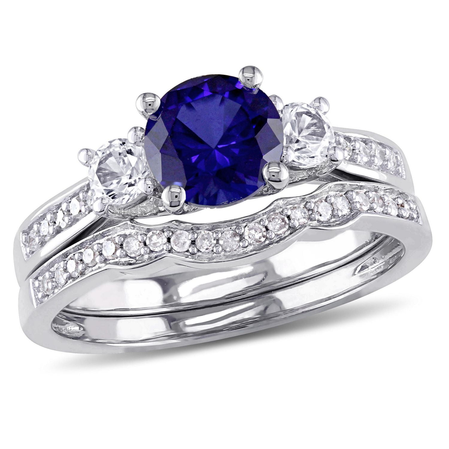 Tangelo 1.33 Carat T.G.W Created Blue and White Sapphire with 0.14 Carat T.W Diamond 10 K White Gold Three Stone Bridal Set