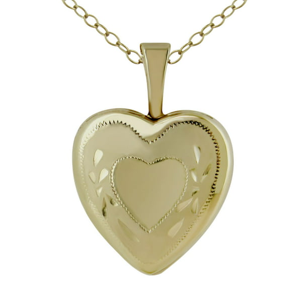 Médallion en forme de cœur en or jaune de 10 ct de 13 mm avec un cœur gravé et collier en or de 18 po