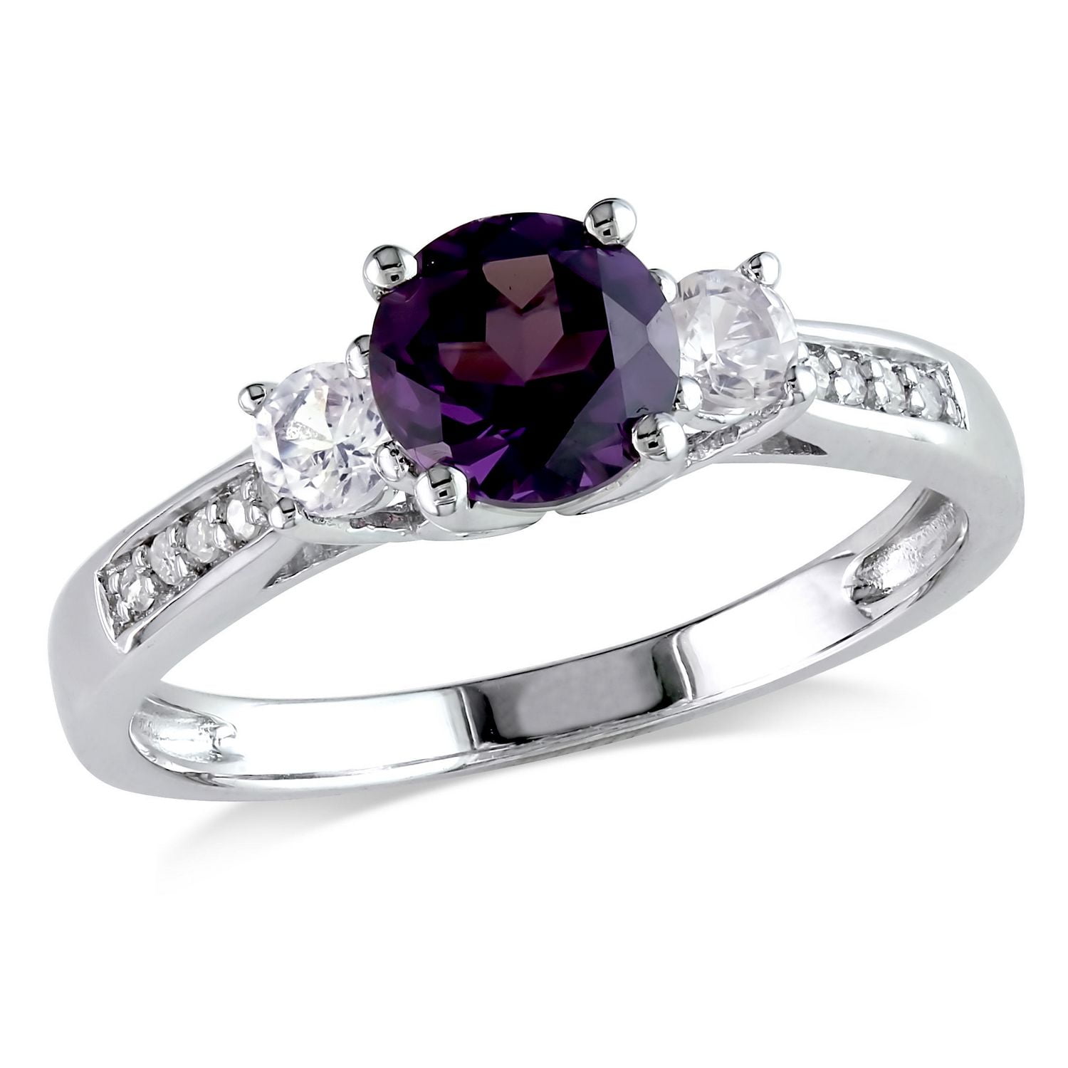 Tangelo 1.33 Carat T.G.W. Simulated Alexandrite with Created White Sapphire and Diamond-Accent 10 K White Gold Three Stone Ring