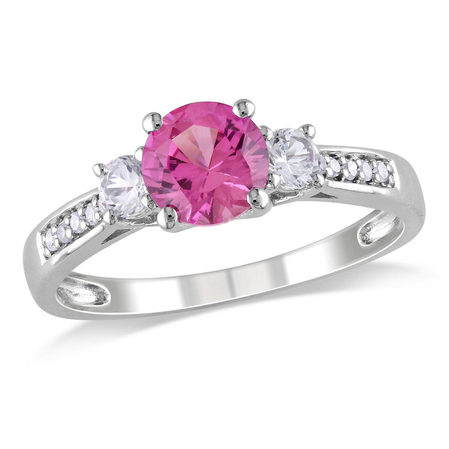 Tangelo 1.37 Carat T.G.W. Created Pink and White Sapphire Diamond-Accent 10 K Gold Three-Stone Ring
