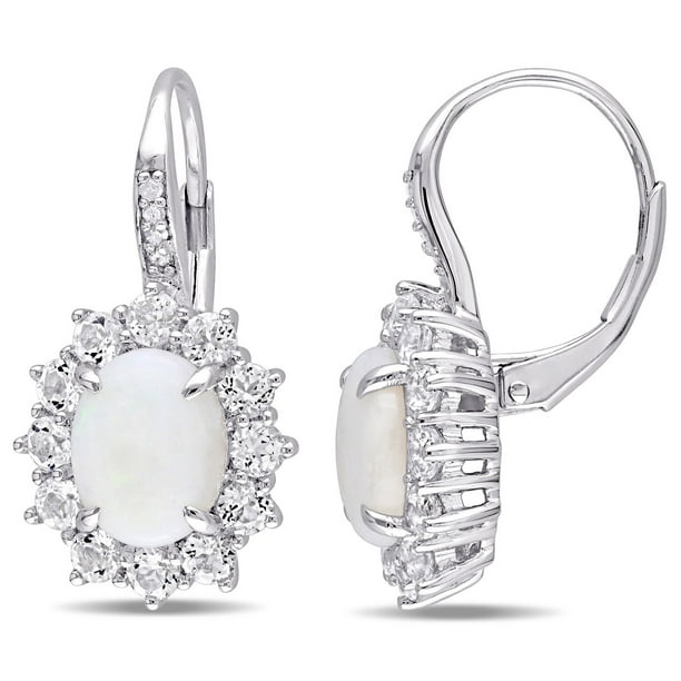 Boucles d'oreille Asteria en forme de auréole avec opales et topazes blanches 3,88 ct PBT et accents de diamants en argent sterling