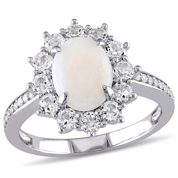 Bague en forme de auréole avec opale et topazes blanches 2 ct PBT et diamants 0,10 ct poids total, en argent sterling