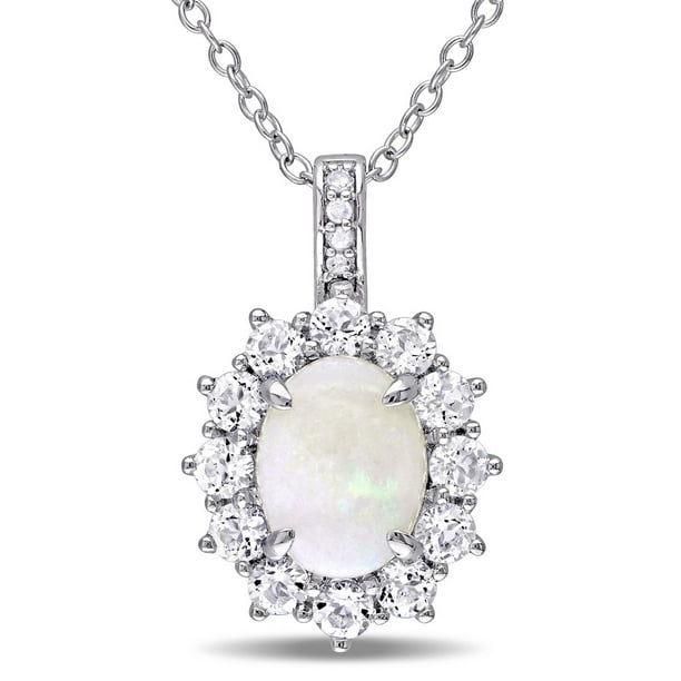 Pendentif en forme de auréole Asteria avec opale et topazes blanches 2 ct PBT et accents de diamants en argent sterling, 18 po