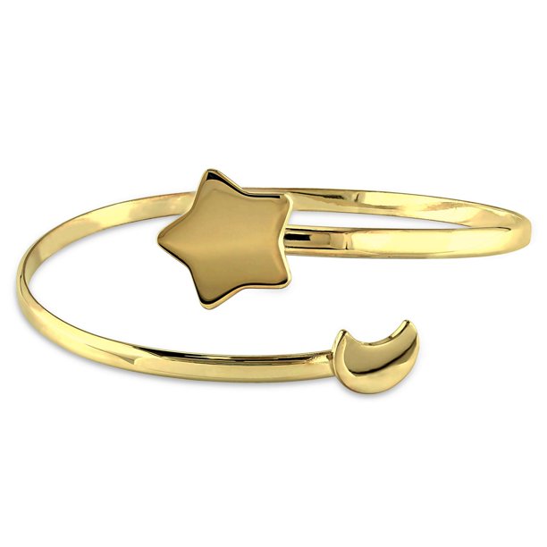 Bracelet manchette avec forme d'étoile et de lune en argent sterling plaqué de rhodium jaune de 7 po