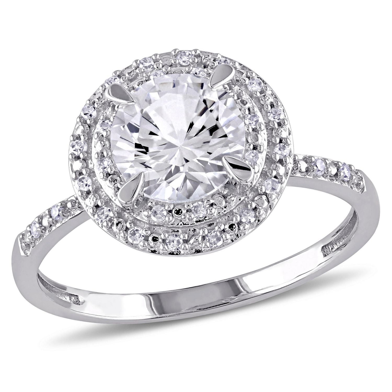 Bague auréole Miabella avec saphirs blancs synthétiques 1,63 CT PBT et accents de diamants en or blanc 10K