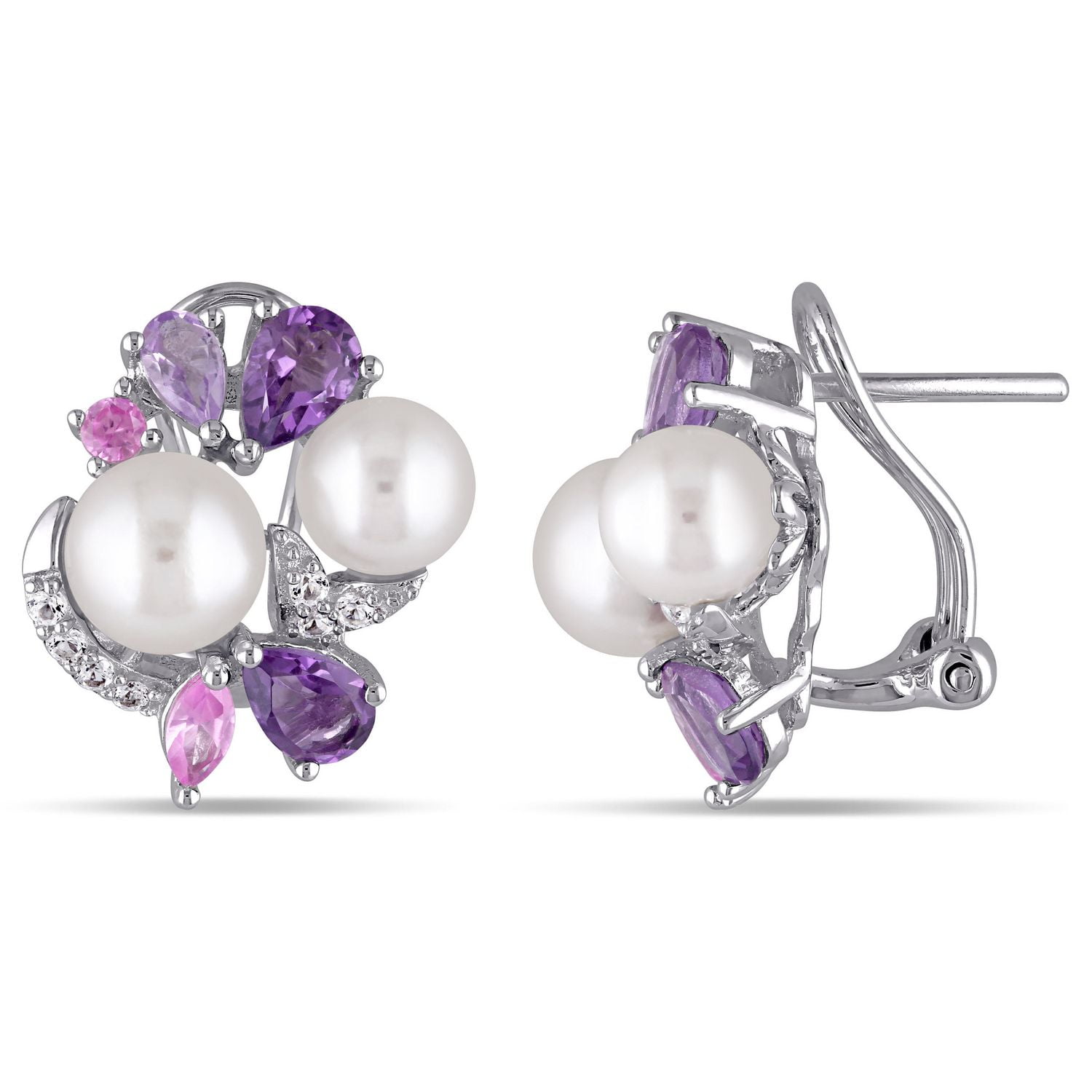 Tangelo White Cultured Freshwater Pearl And 2.75 Carat T.G.W. Multi-Gemstone Sterling Silver Earrings