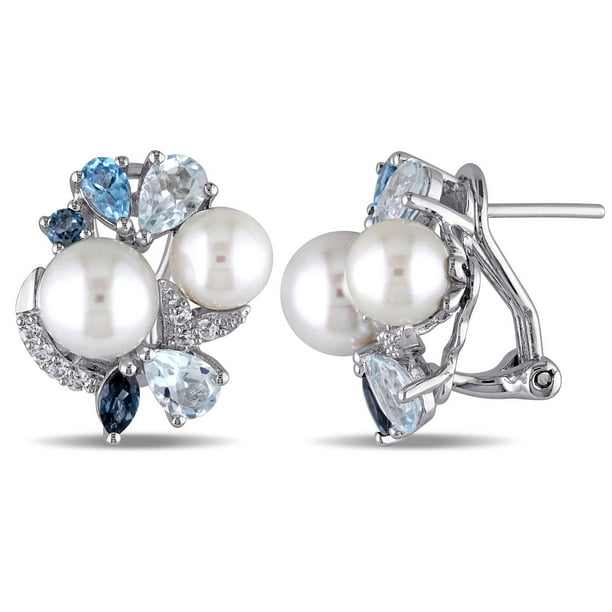 Boucles d'oreille Tangelo avec perles blanches d'eau douce cultivées, saphirs blancs synthétiques et topazes bleues 3,50 CT PBT en argent sterling