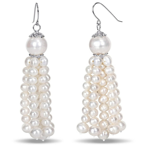 Boucles d'oreille Miabella avec pampilles de perles blanches d'eau douce cultivées rondes 4,5 à 11 mm en argent sterling