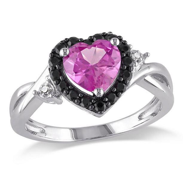 Bague de forme cœur Tangelo avec saphir rose synthétique et spinelles noirs 1,88 CT PBT et accents de diamants en argent sterling