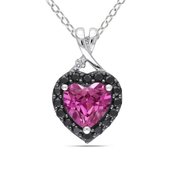 Pendentif de forme cœur Tangelo avec saphir rose synthétique et spinelles noirs 1,88 CT PBT et accents de diamants en argent sterling de 18 po