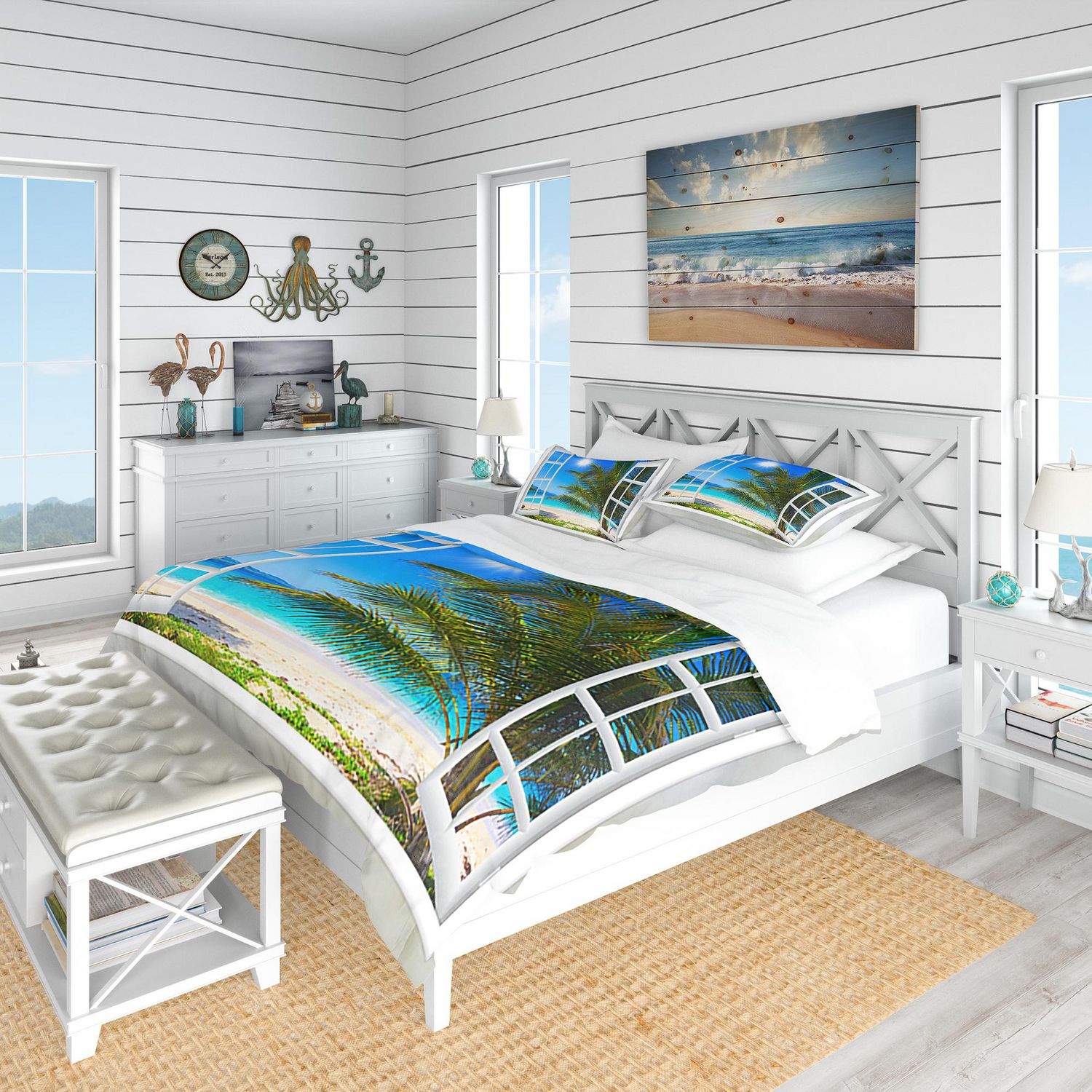 Designart Window Open To Beach with Palm Coastal Duvet Cover Set