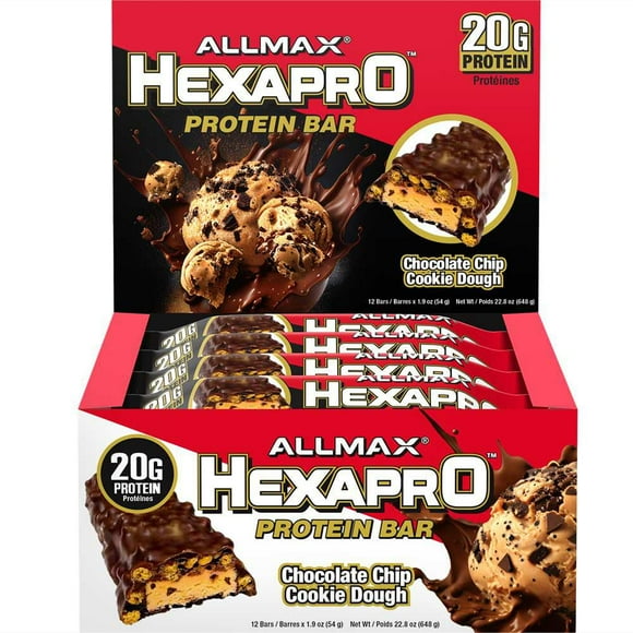Allmax Hexapro Protein Bar Chocolate Chip Cookie Dough, High Protein Energy Bar<br>20G Protein Per Bar