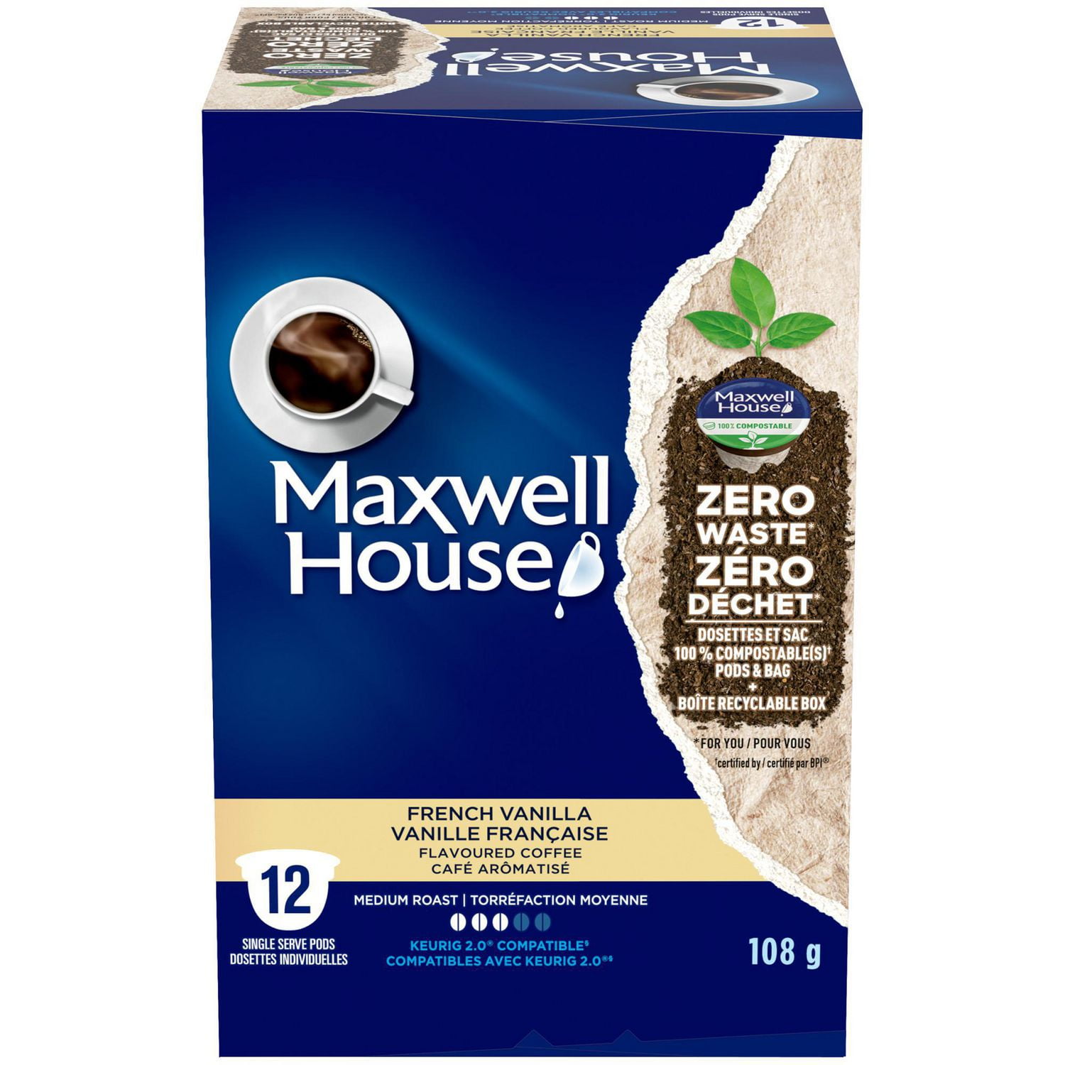 Maxwell House French Vanilla Flavoured Coffee 100 Compostable Pods, 12