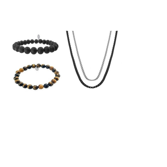 Luxury Designs Tiger Eye & Onyx Men’s stretch bracelets and Duo necklace set