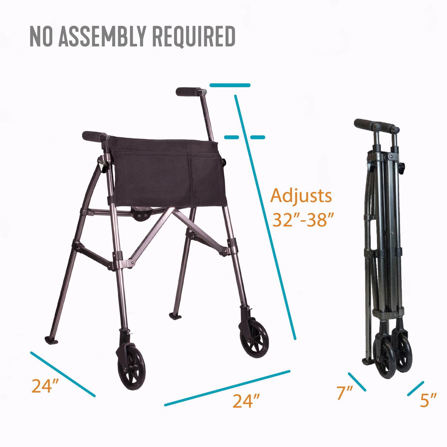 Stander Wonder Walker Plus, Lightweight Folding Rolling Walker for Seniors, Collapsible Travel EZ Fold-N-Go Walker with Wheels, Glides, & Basket, Compact Standard Walker