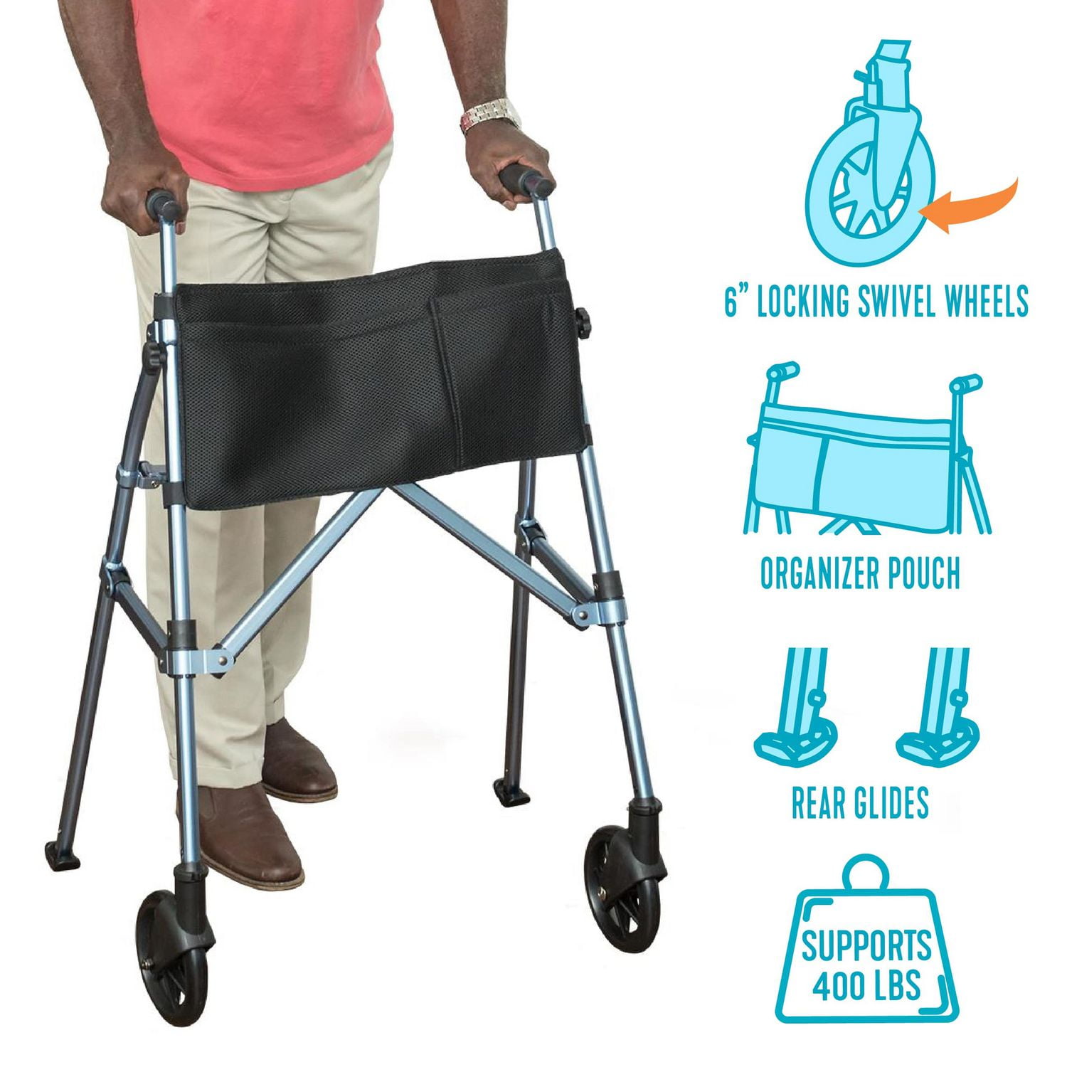 Stander Wonder Walker Plus, Lightweight Folding Rolling Walker for Seniors, Collapsible Travel EZ Fold-N-Go Walker with Wheels, Glides, & Basket, Compact Standard Walker