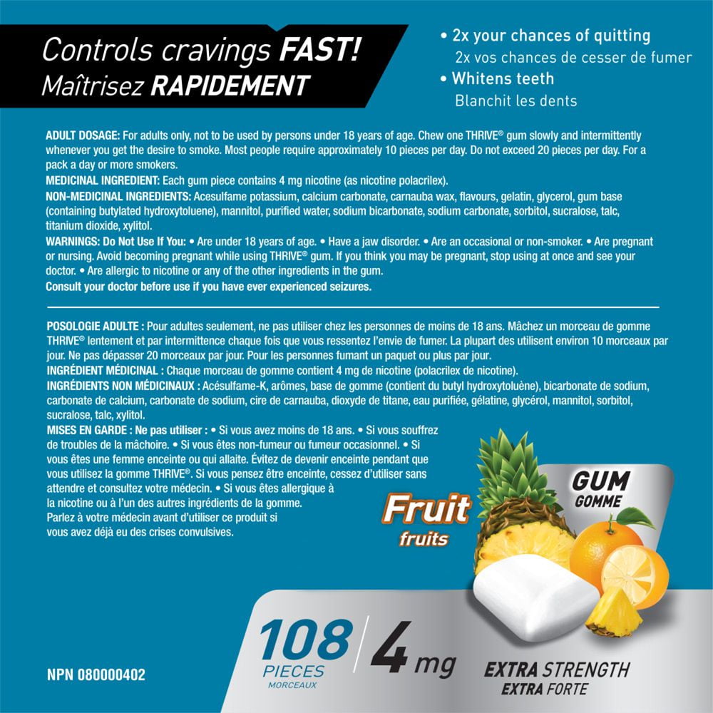 Thrive Gum 4mg Extra Strength Nicotine Replacement, Fruit, 108 count