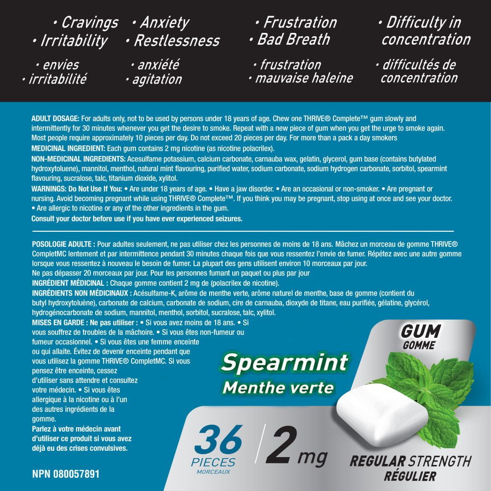 Thrive Complete Gum 2mg Regular Strength Nicotine Replacement - Thrive Gum, Fresh Spearmint, 36 count