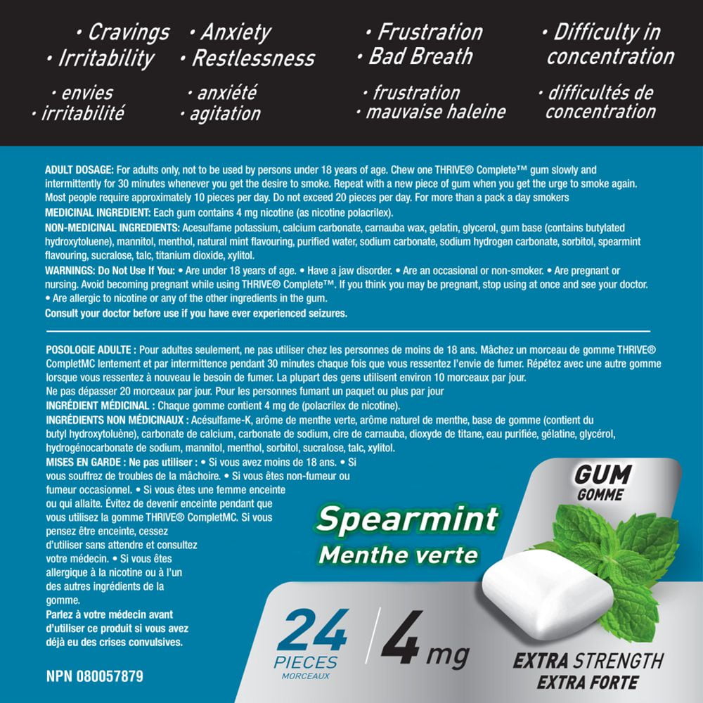 Gomme Thrive Complet 4 mg Extra-forte Remplacement de la nicotine Menthe verte, 24 morceaux