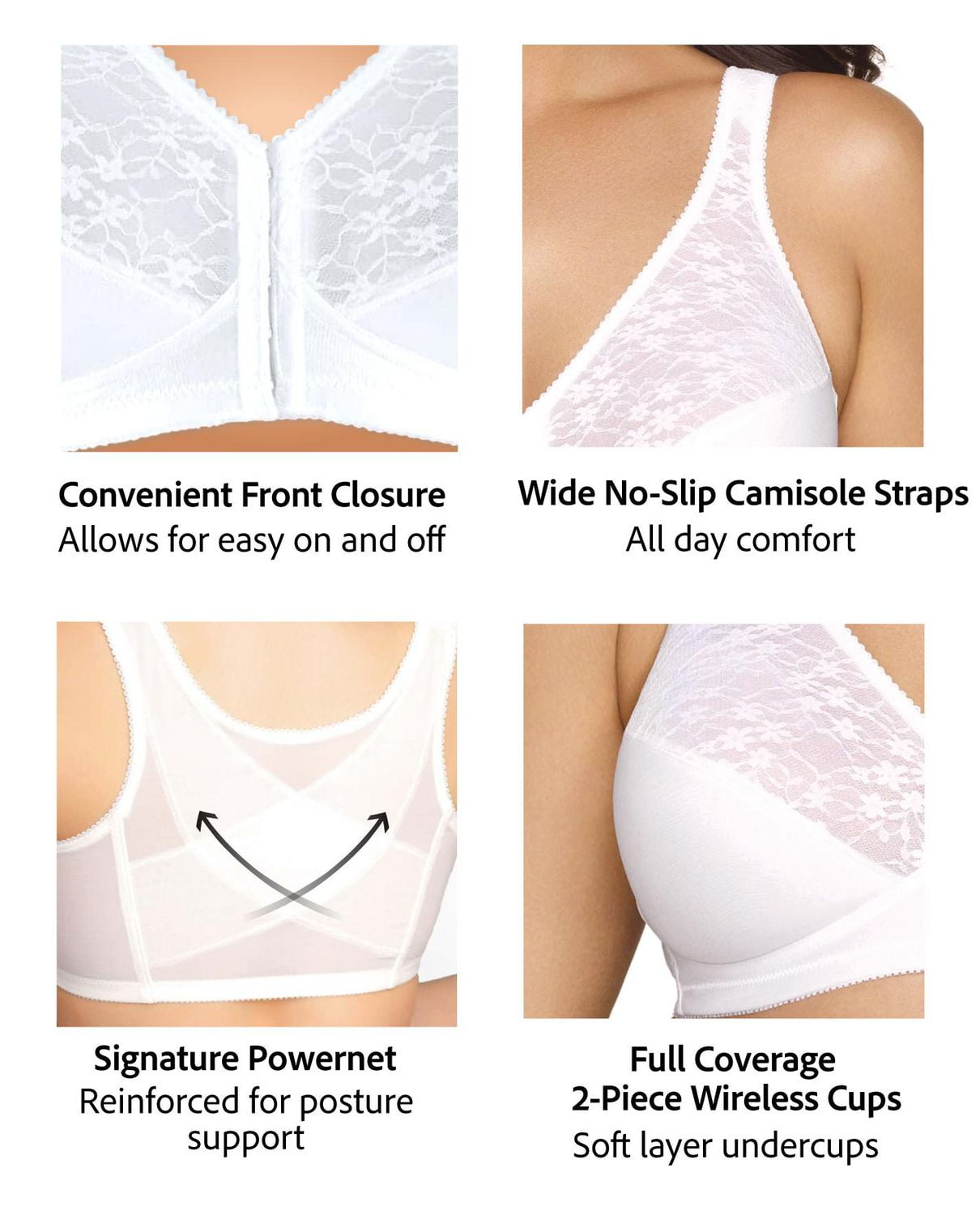 Exquisite Form #9600565 FULLY Full-Coverage Posture Bra, Wire-Free, Front Closure, Lace, Sizes 38B-46DD