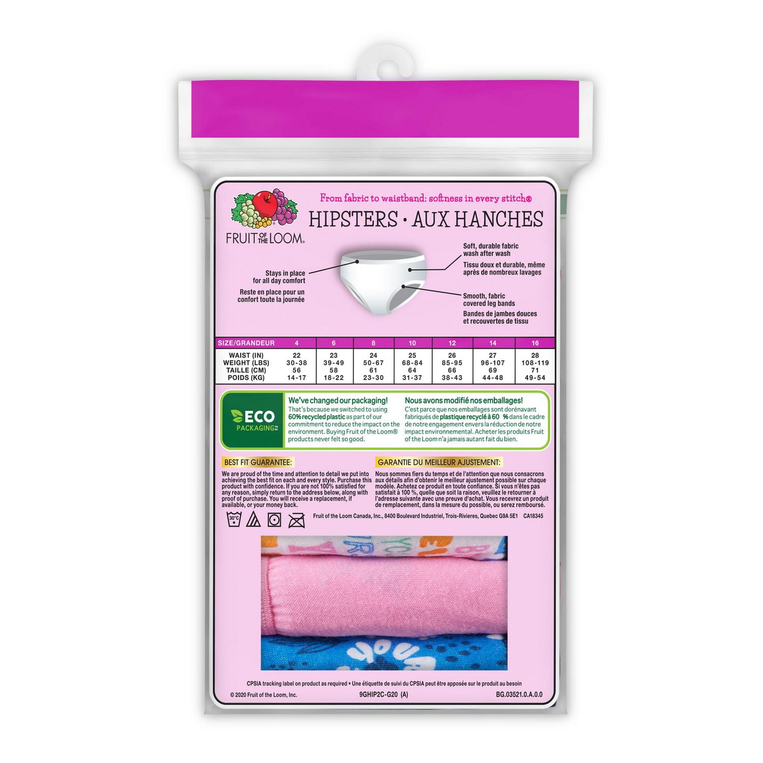 Culottes a la hanche pour filles, Fruit of the Loom, paquet de 9 Tailles 6 à 16