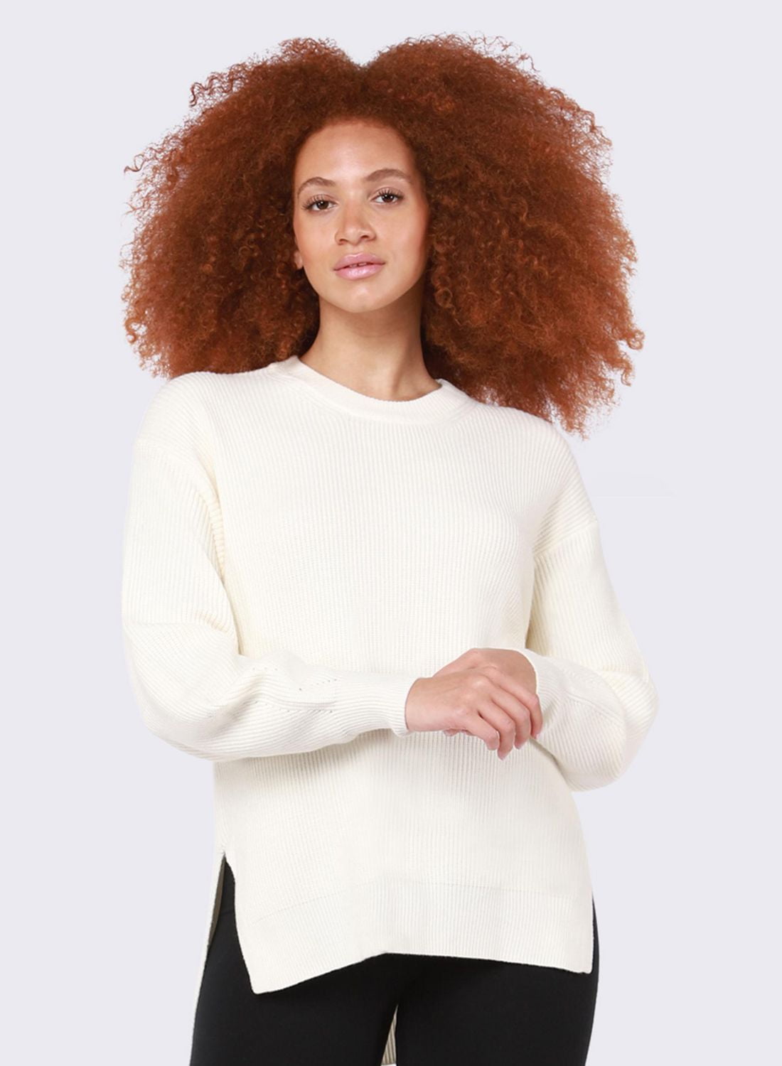 L/S Col ras du cou, fente latérale, pull en tricot côtelé