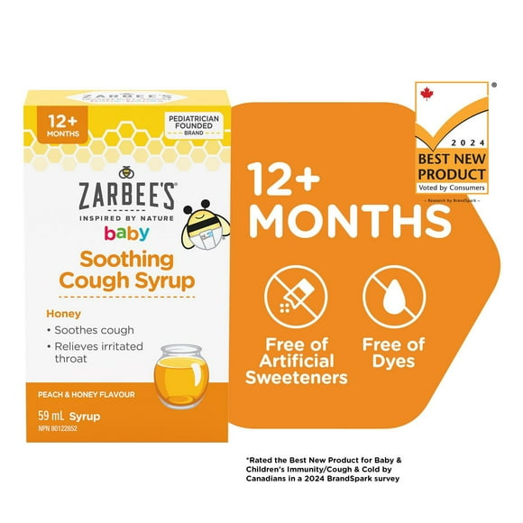Zarbee's Sirop apaisant Toux pour bébés, soulage le mal de gorge, miel de source naturelle, sans colorant, saveur de pêche et miel 59 ml