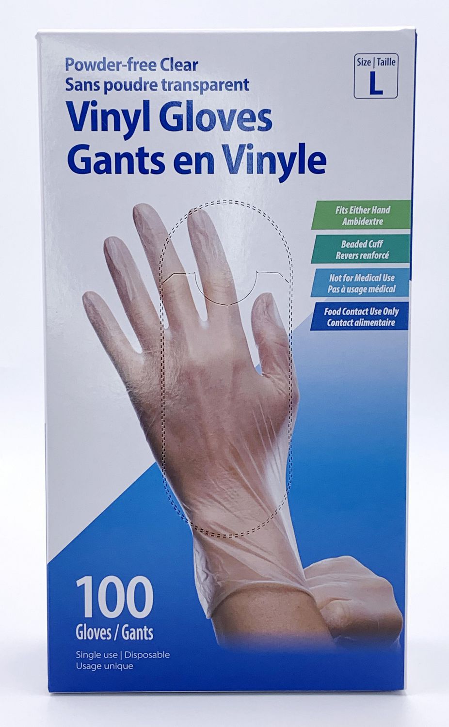 Gants en vinyle jetables sans poudre transparents 100 gants, taille G 