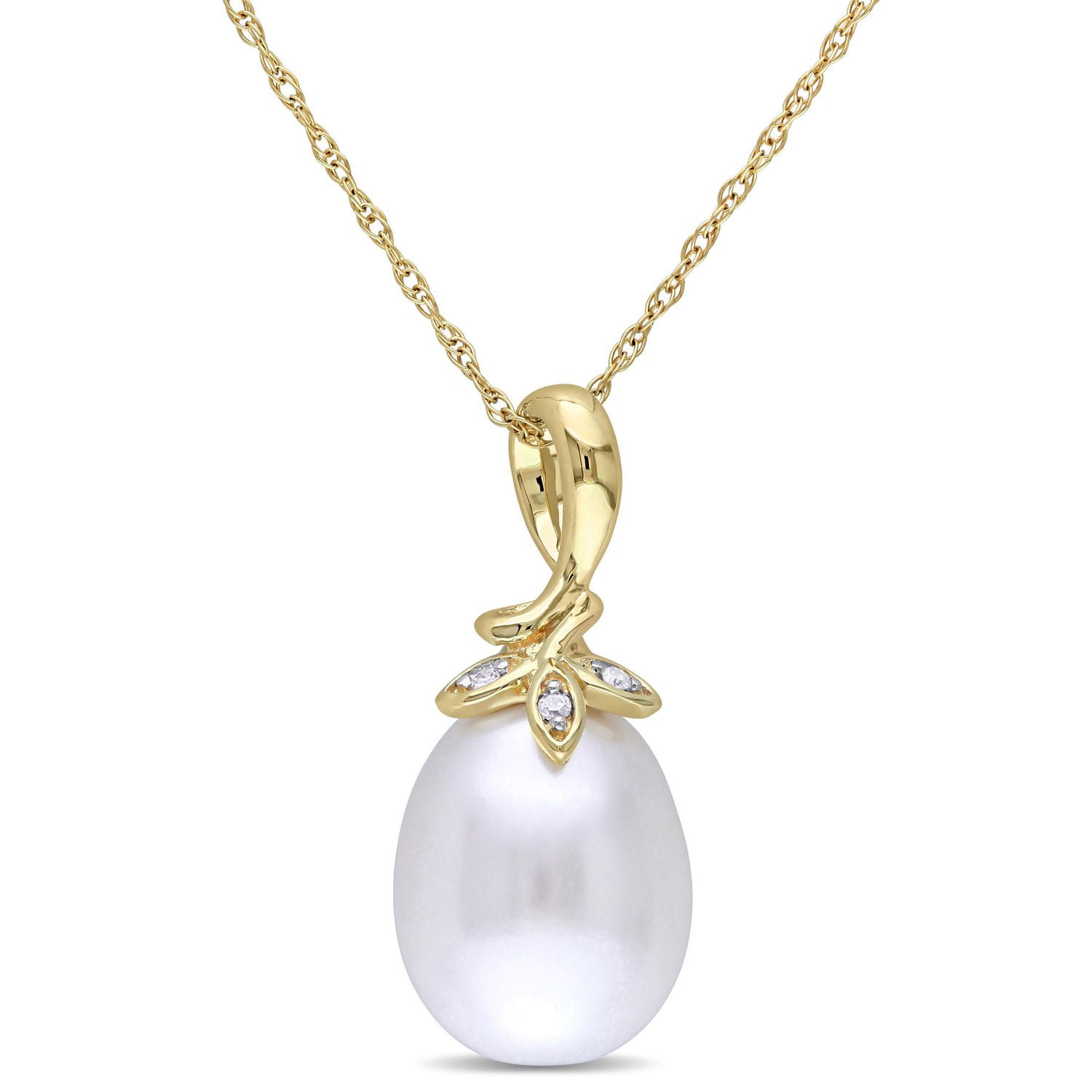 Miabella 9-10mm Cultured Freshwater Pearl and Diamond-Accent 10 K Yellow Gold Floral Pendant, 17"