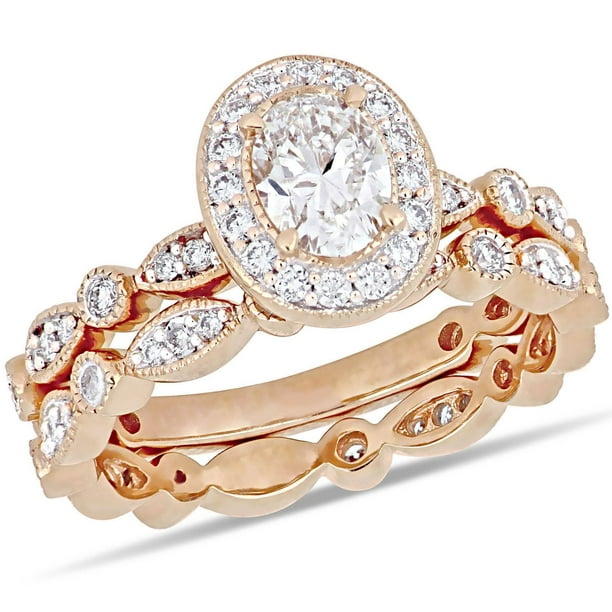 Ensemble de mariage rétro auréole Miabella avec diamants 1 CT poids total en or rosé 14K