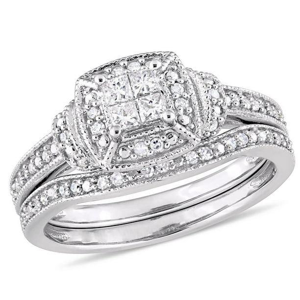 Ensemble de mariage de style quad Miabella avec diamants 1/3 CT poids total en or blanc 10K