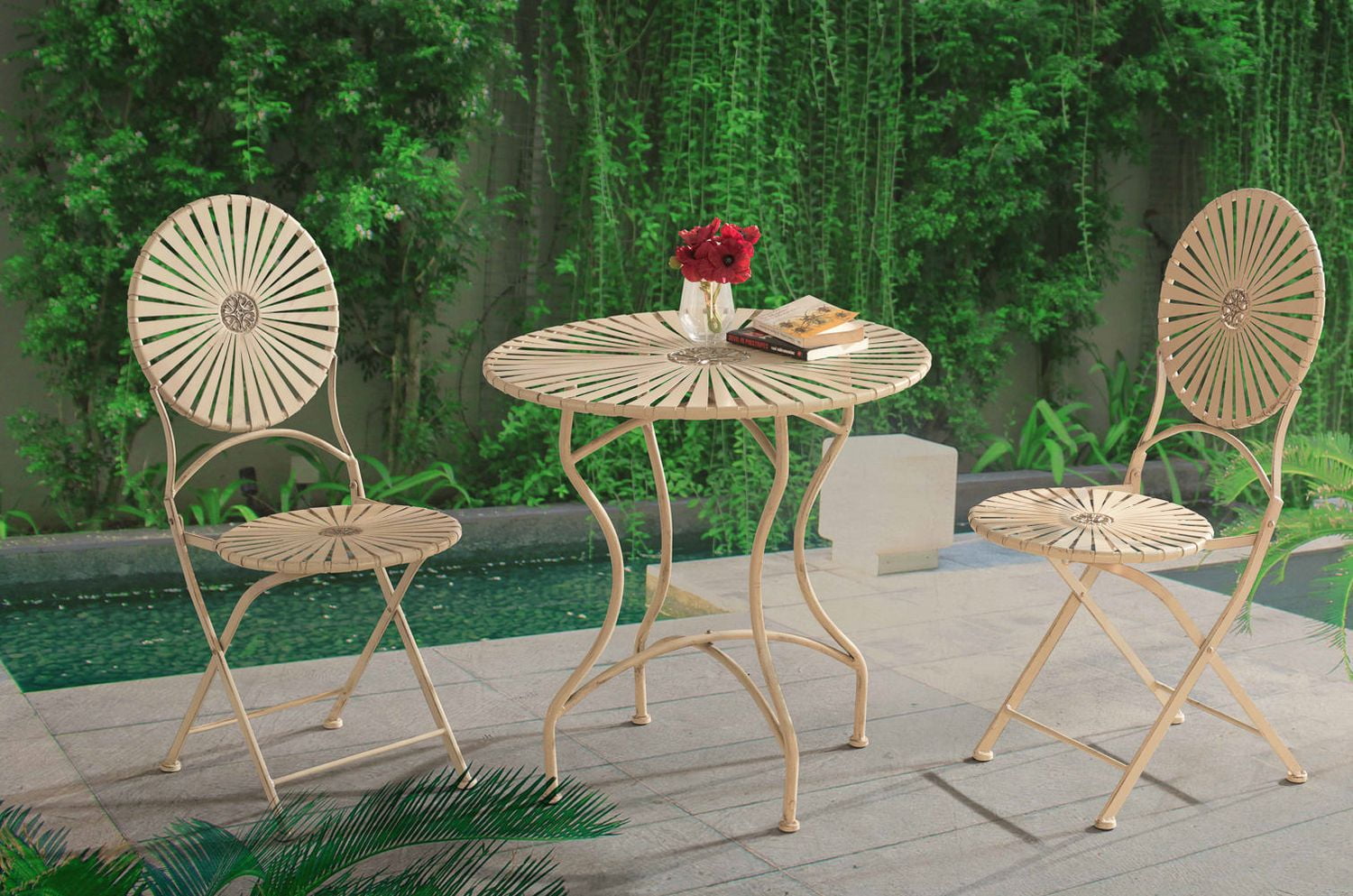 Sunjoy Antique White Steel Bistro Set Patio Furniture