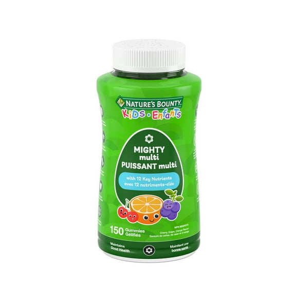 NATURE'S BOUNTY KIDS Mighty Multi, Only 1g Sugar Per Gummy, Supports Immune System, Eye Health, Bones, & Teeth, Source of Antioxidants, Gluten-free, Cherry, Grape & Orange-flavoured Gummies 150.0 count, 150 pc