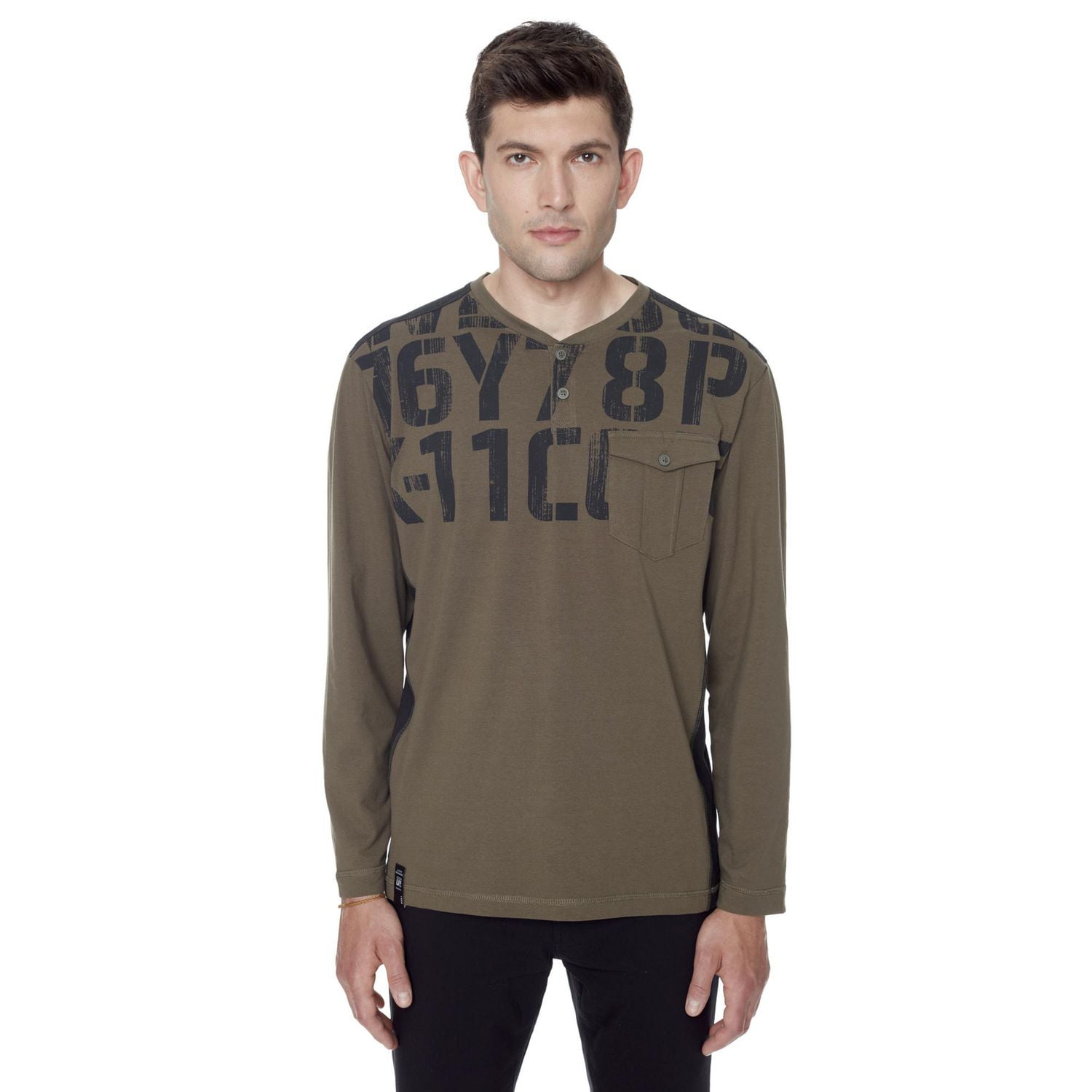 Dark Black Men's Long-Sleeve Graphic Henley T-Shirt