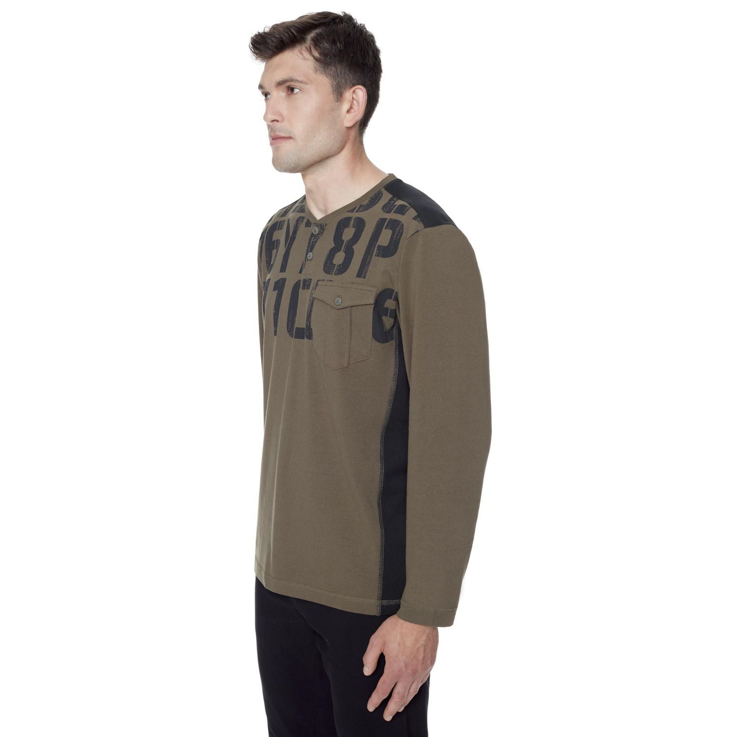 Dark Black Men's Long-Sleeve Graphic Henley T-Shirt