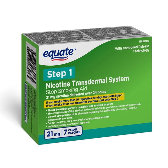 Equate Clear Step 1 – Patchs transdermiques à la nicotine, 21 mg, lot de 7