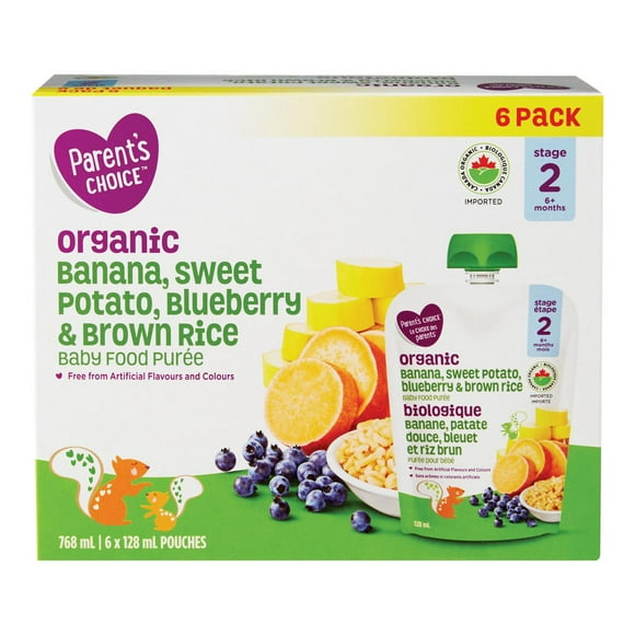 Parent’s Choice Organic Banana, Sweet Potato, Blueberry& Brown Rice Baby Food Purée, 768 mL (6 x 128 mL POUCHES)