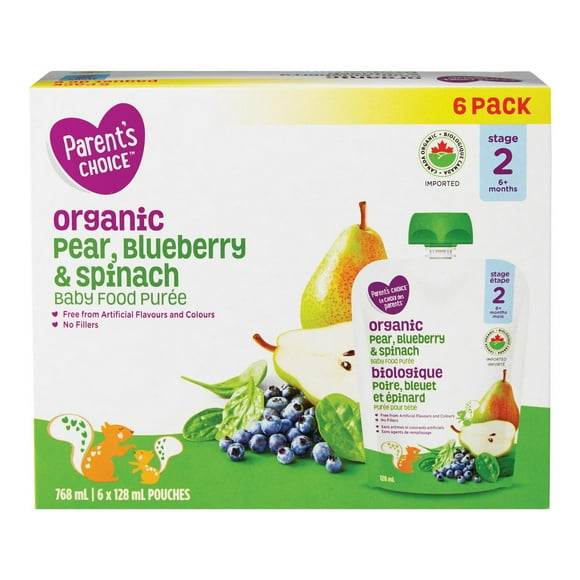 Biologique poire, bleuetet épinard Purée pour bébé Le Choix des parents 768 mL (6 SACHETS x 128 mL)