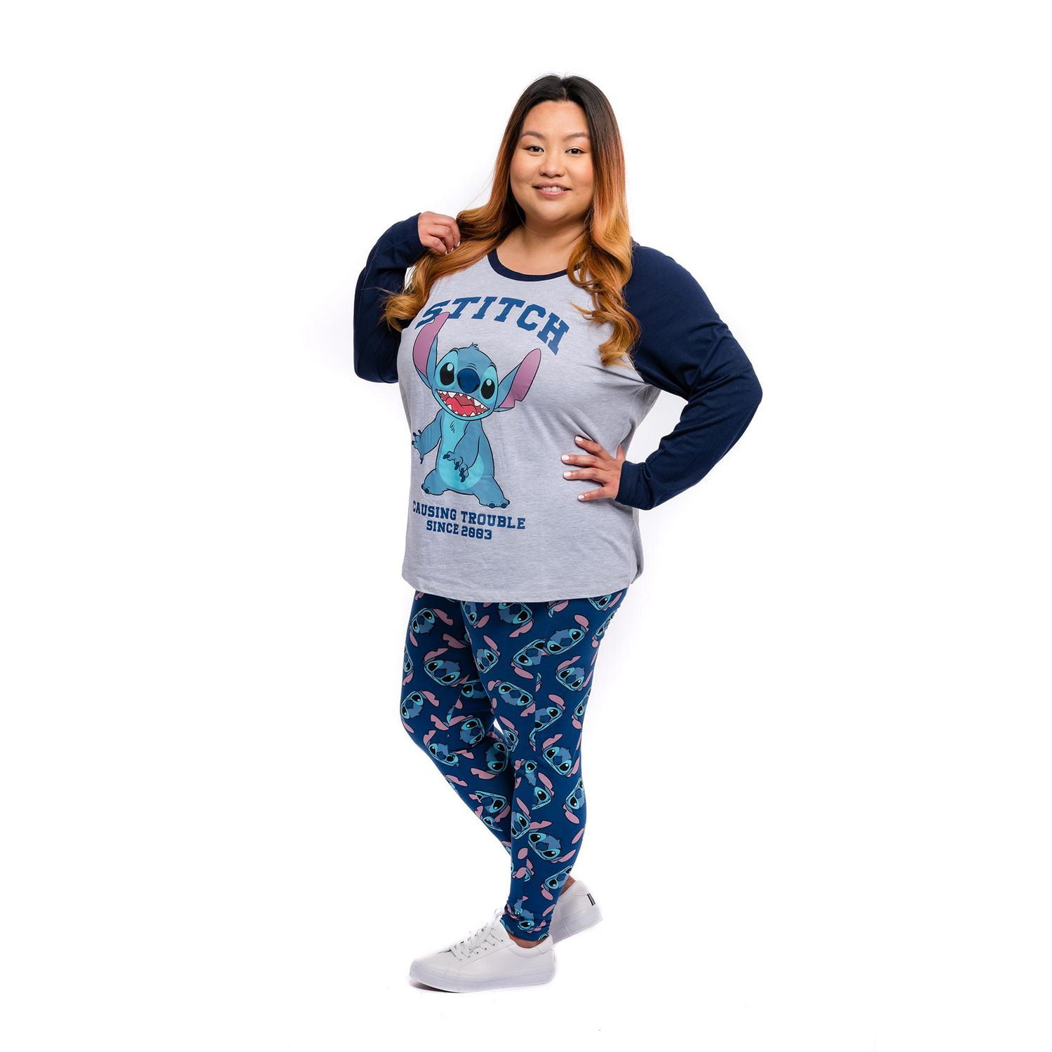 Ladies Plus Disney Lilo & Stitch Causing Trouble Long Sleeve Raglan Top