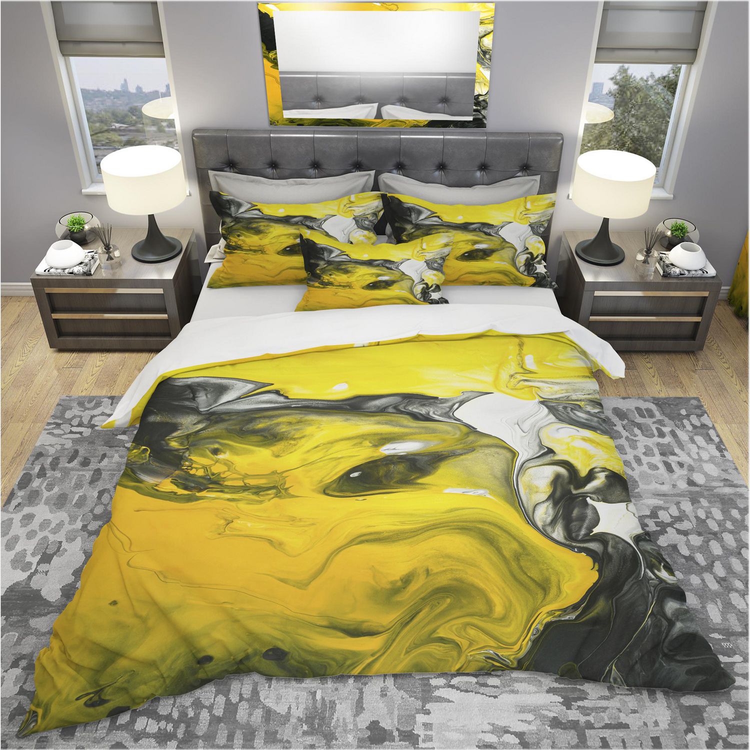 Designart Yellow White And Black Hand Painted Marbled Acrylic Modern Contemporary Duvet Cover Set