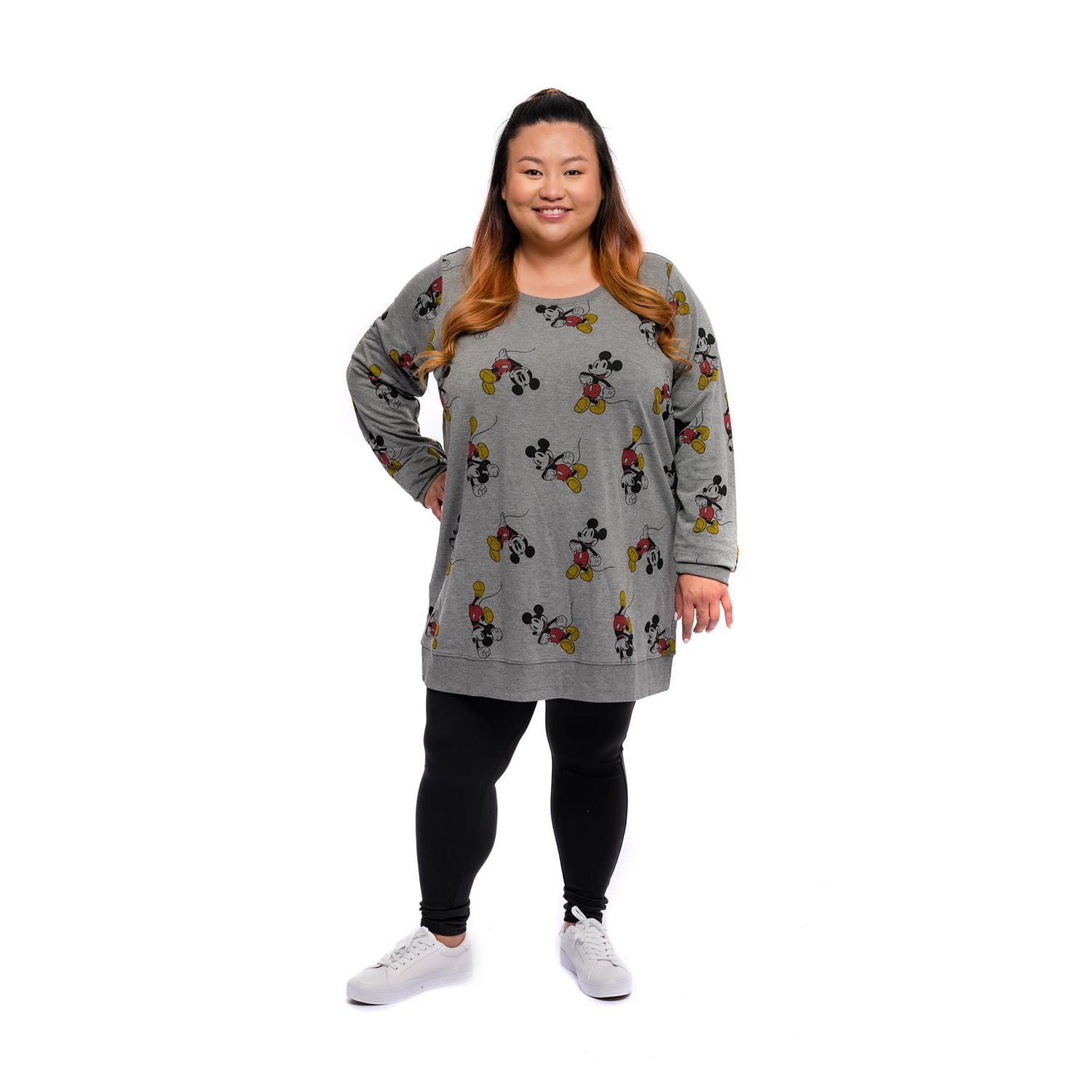 Ladies Plus Disney Retro Mickey All Over Print Long Sleeve PopOver with Criss Cross Back
