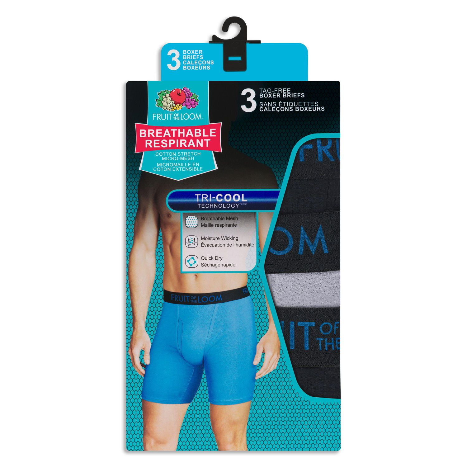 Caleçons Boxeurs Respirant Fruit of the Loom pour hommes, paquet de 3 Tailles P à TG